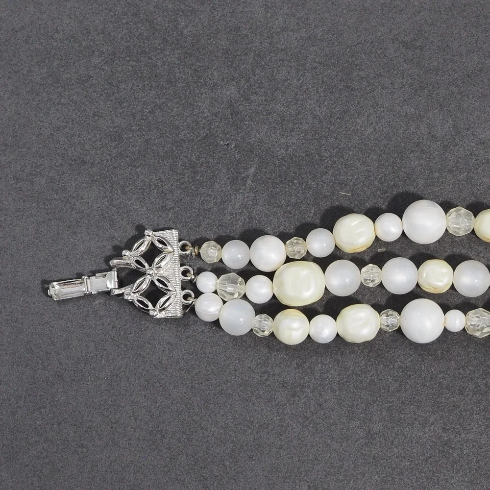 Vintage Coro Triple Strand Faux Baroque Pearl Bead Bracelet Silver Tone MCM